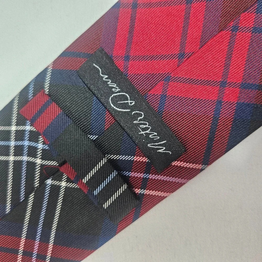 Mister Dean Red Black Blue Plaid 100% Silk Men's Necktie Hand Sewn‎